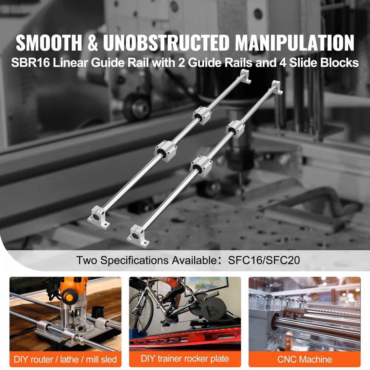 Linear Motion Kit, SFC16 1000mm, Includes 2 Rails of 39.4 inches, 4 SC16 Carriage Blocks, and 4 Support Brackets, Ideal for CNC and Automation Projects
