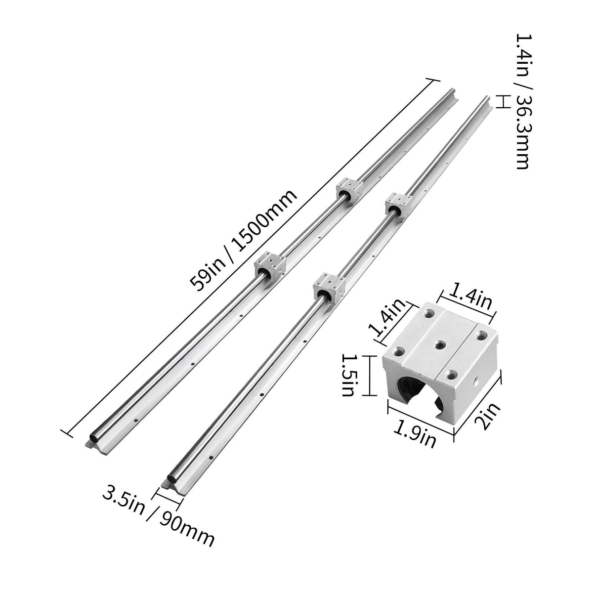 Linear Motion Set, SBR20 1500mm, Comes with Two 59 in/1500 mm SBR20 Rails & Four SBR20UU Blocks, Ideal for DIY CNC and Automation Tasks