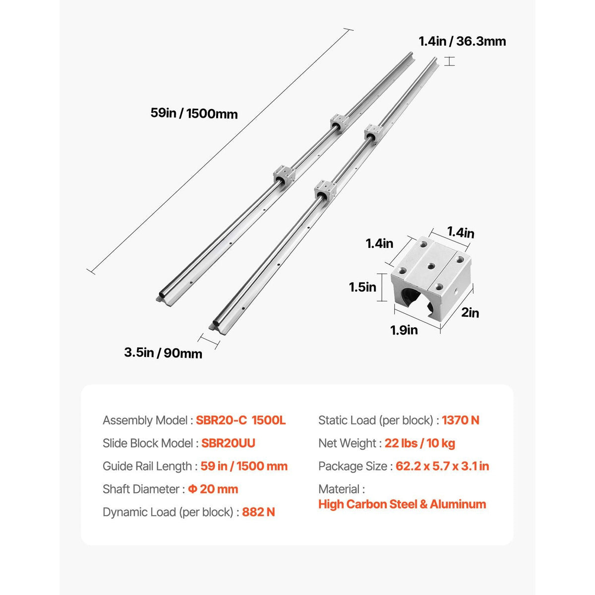 Linear Motion Set, SBR20 1500mm, Comes with Two 59 in/1500 mm SBR20 Rails & Four SBR20UU Blocks, Ideal for DIY CNC and Automation Tasks