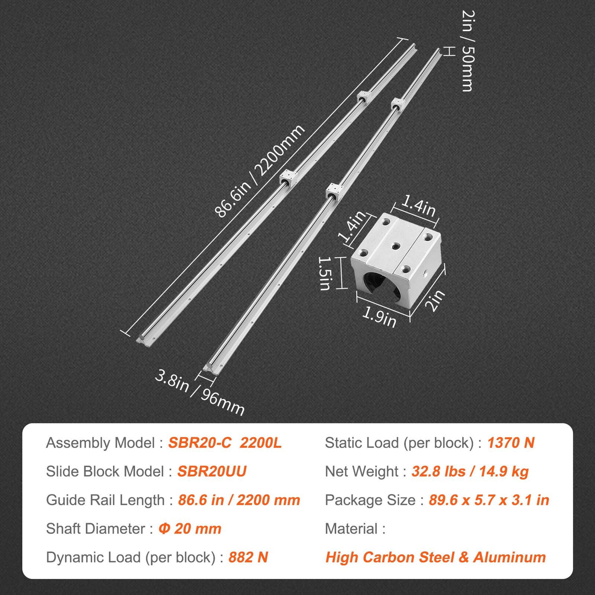 Linear Motion Set, SBR20 2200mm, Comes with Two 86.6-inch SBR20 Rails & Four SBR20UU Blocks, Ideal for DIY CNC & Automated Projects