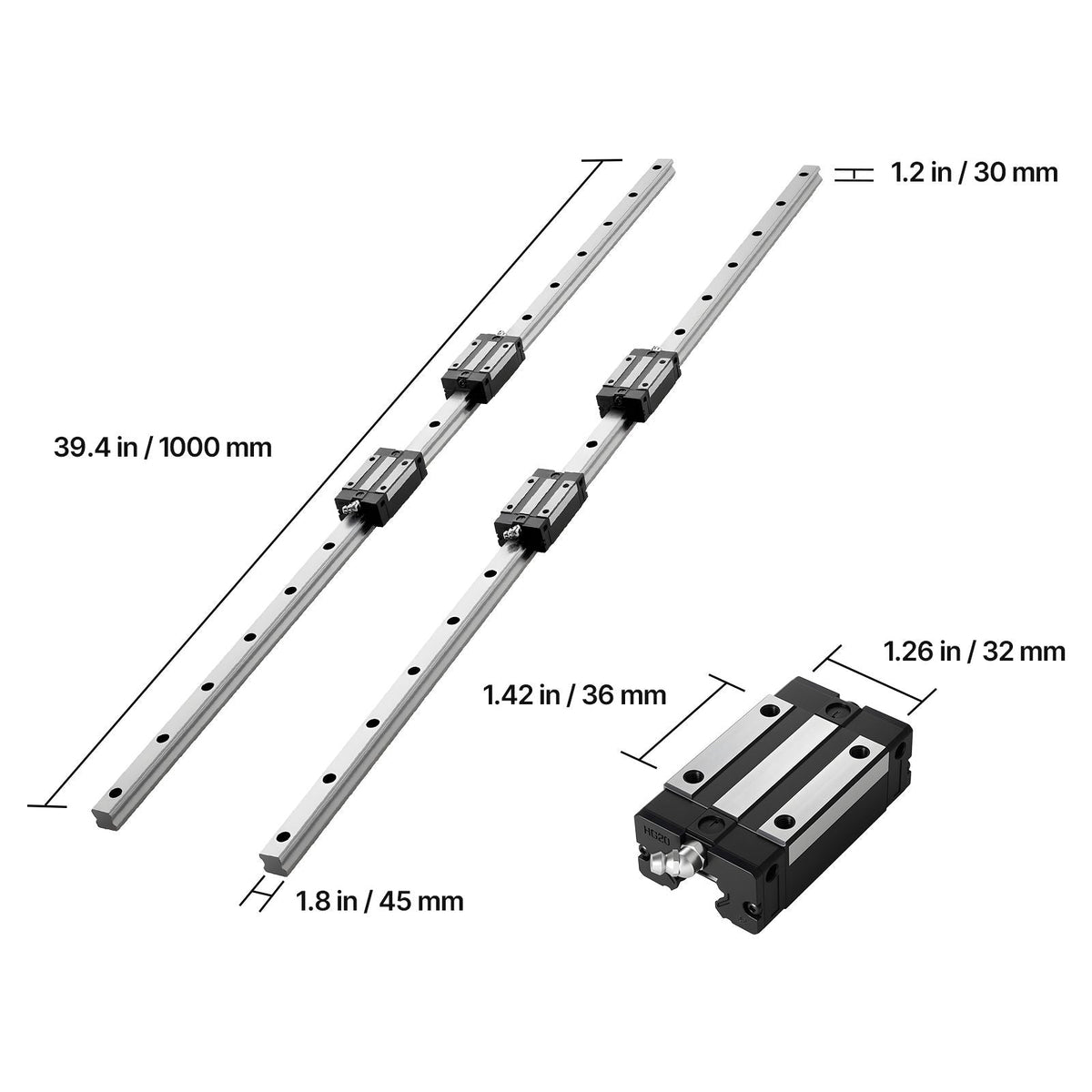 Linear Rail Guide Kit, HGR20, 2Pcs 1000 mm (39.4 inch) Linear Motion Rails and 4Pcs Bearing Slide Blocks, Anti Rust and High Precision Kit, for DIY, CNC Routers, Lathes, Mills, 3D Printers