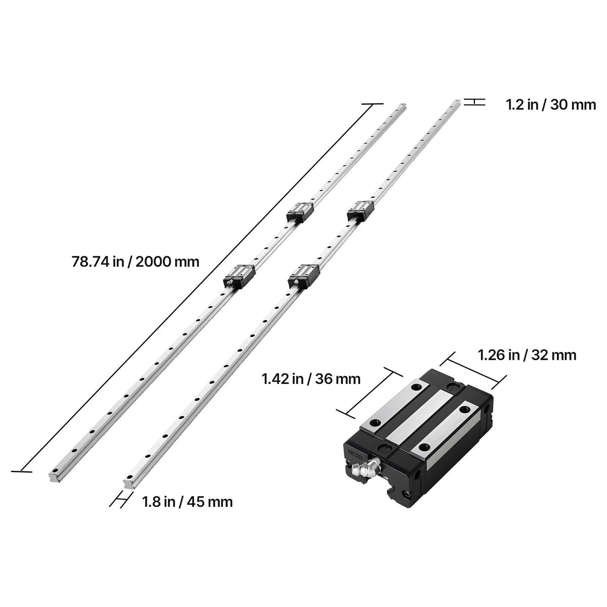 Linear Rail Guide Kit, HGR20, 2Pcs 2000 mm (78.74 inch) Linear Motion Rails and 4Pcs Bearing Slide Blocks, Anti Rust and High Precision Kit, for DIY, CNC Routers, Lathes, Mills, 3D Printers
