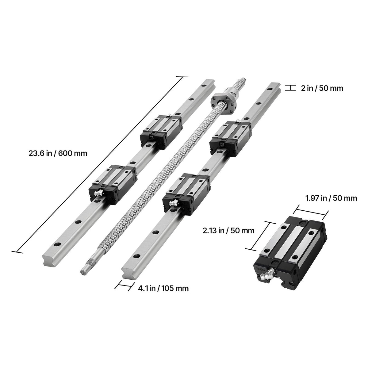 Linear Rail Guide Kit, HGR20, 2PCS 600 mm (23.62 inch) Linear Rails and 1PCS Ball Screw, 4PCS Slide Blocks, with BF12/BK12 End Support, Coupling, and Nut Housing, for DIY CNC Routers Lathes