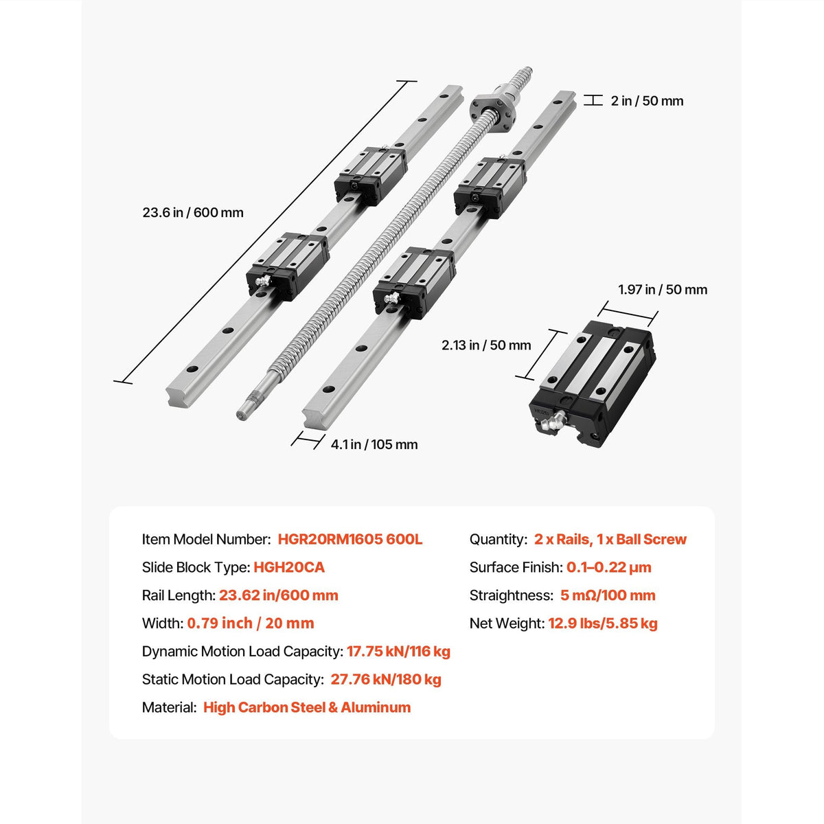 Linear Rail Guide Kit, HGR20, 2PCS 600 mm (23.62 inch) Linear Rails and 1PCS Ball Screw, 4PCS Slide Blocks, with BF12/BK12 End Support, Coupling, and Nut Housing, for DIY CNC Routers Lathes