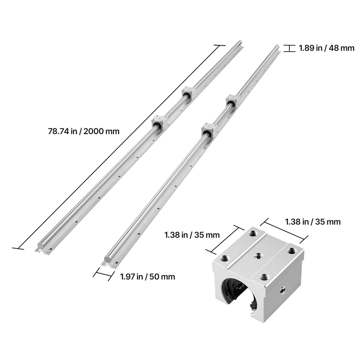 Linear Rail Kit, SBR20, 2Pcs 2000 mm (78.74 inch) Linear Motion Guide Rails and 4Pcs Bearing Slide Blocks, Fully Supported Shaft, for Cutting, Grinding, Milling, Drilling Machines, and More