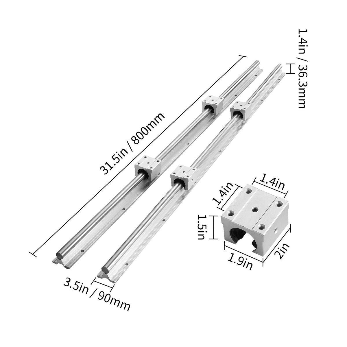 Linear Rail Kit, SBR20 800mm, Includes 2 PCS 31.5 in SBR20 Rails & 4 PCS SBR20UU Blocks, Ideal for CNC Machines, Automation Projects, and DIY Crafts