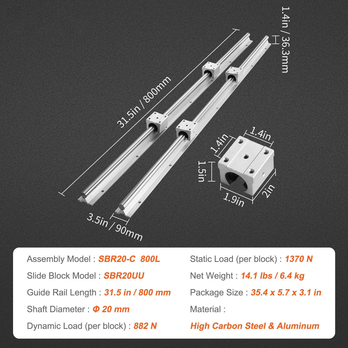 Linear Rail Kit, SBR20 800mm, Includes 2 PCS 31.5 in SBR20 Rails & 4 PCS SBR20UU Blocks, Ideal for CNC Machines, Automation Projects, and DIY Crafts