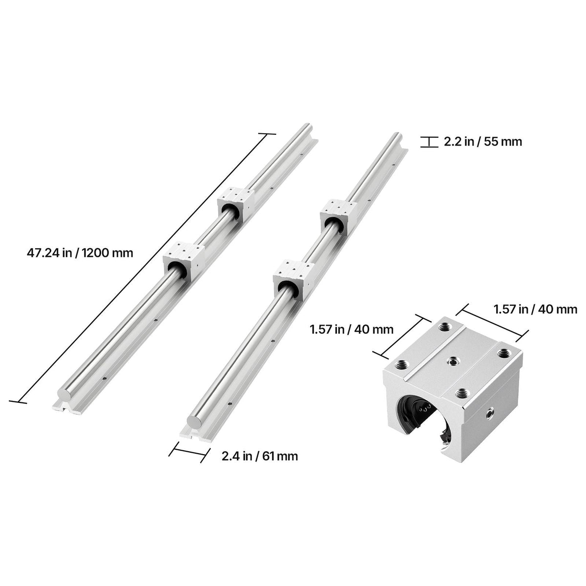 Linear Rail Kit, SBR25, 2Pcs 1200 mm (47.24 inch) Linear Motion Guide Rails and 4Pcs Bearing Slide Blocks, Fully Supported Shaft, for Cutting, Grinding, Milling, Drilling Machines, and More