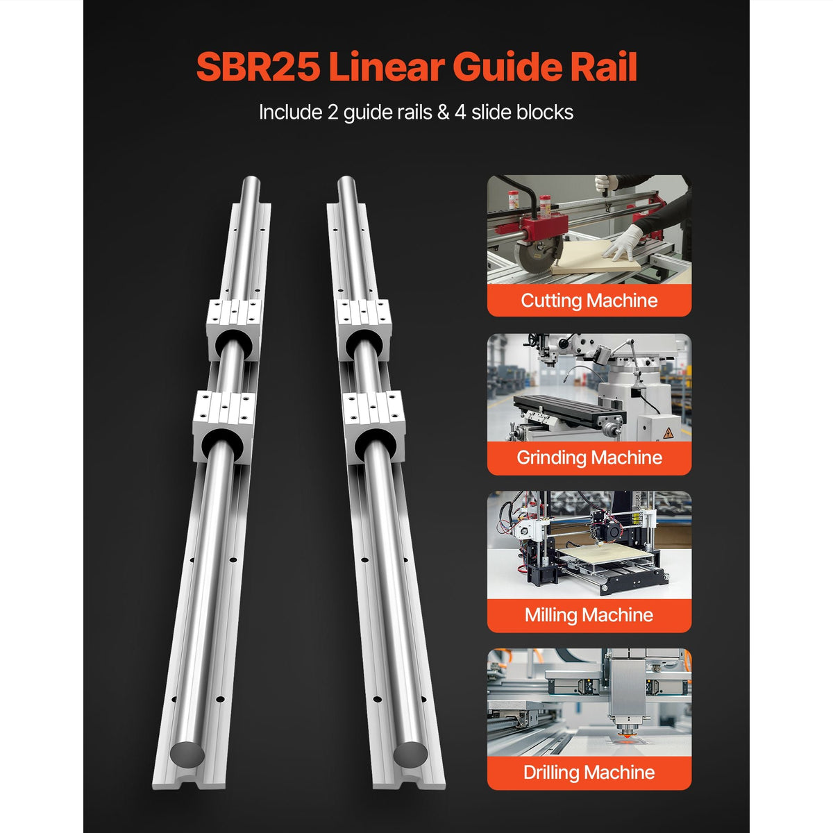 Linear Rail Kit, SBR25, 2Pcs 1200 mm (47.24 inch) Linear Motion Guide Rails and 4Pcs Bearing Slide Blocks, Fully Supported Shaft, for Cutting, Grinding, Milling, Drilling Machines, and More