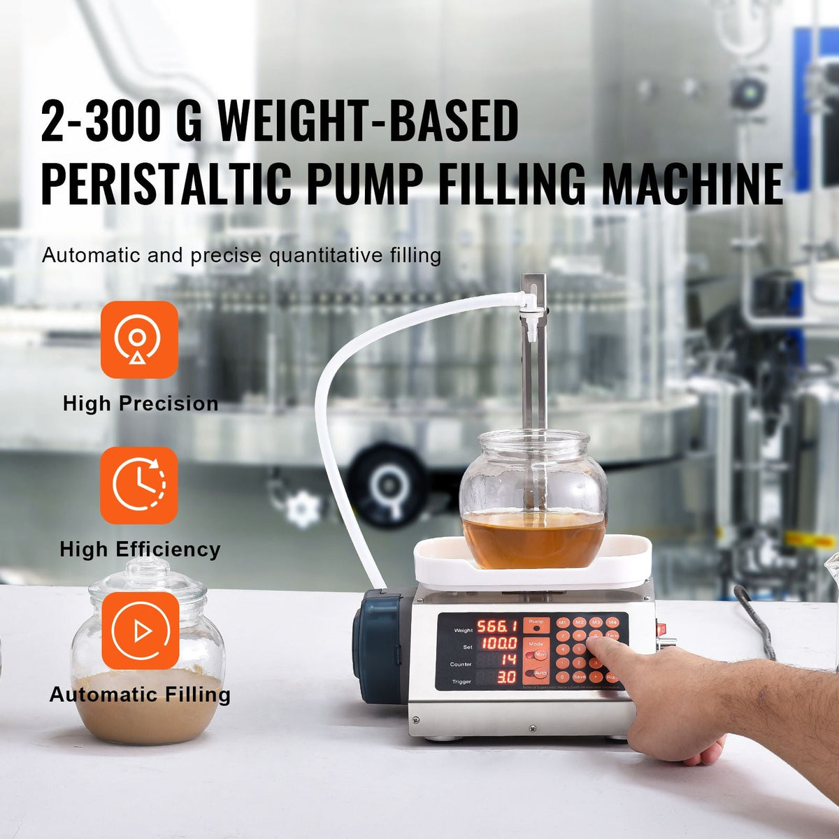 Liquid Filling Machine, 5-300 g Weighing Capacity, Automatic Bottle Filler Machine, Bottling Machine Peristaltic Pump Digital Control for Milk, Water, Wine, Beverage, Soy Sauce (Single Nozzle)