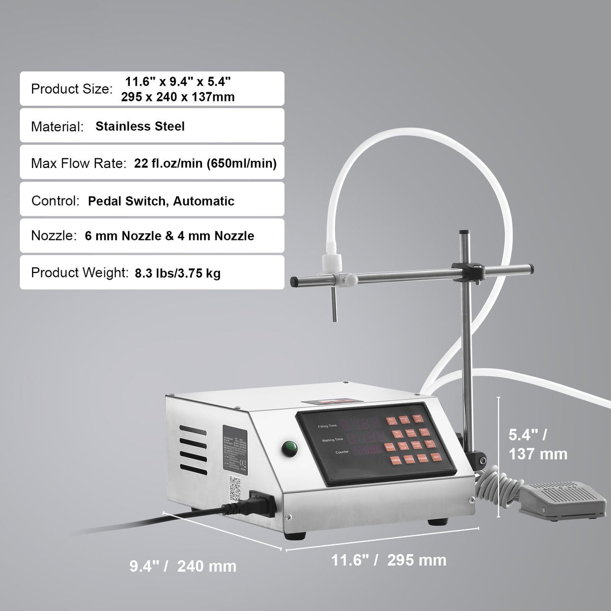 Liquid Filling Machine, 5-650ml Filling Capacity, Automatic Bottle Filler Machine, Bottling Machine Peristaltic Pump Digital Control for Milk, Water, Wine, Beverage, Soy Sauce (Single Nozzle)