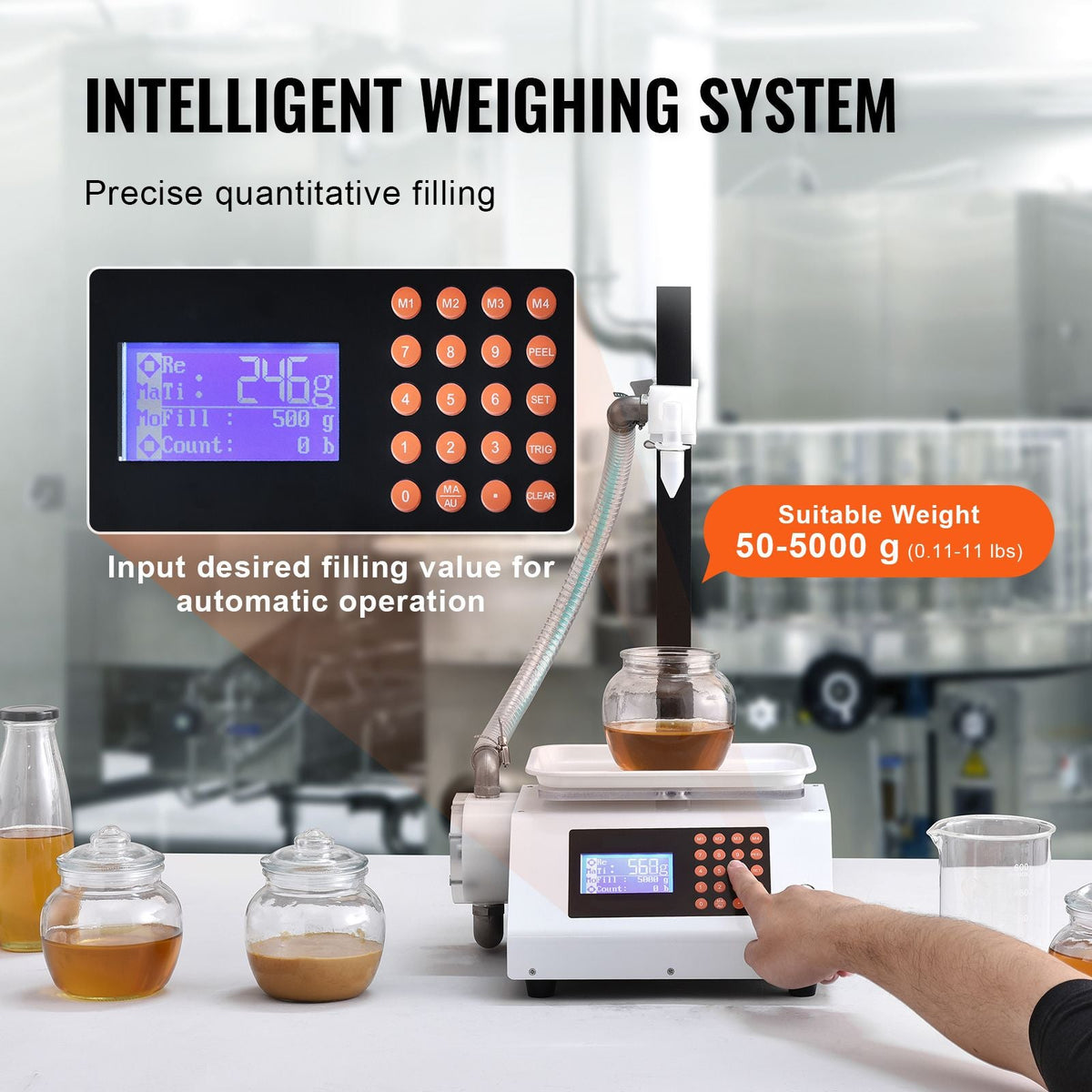 Liquid Filling Machine, 50-5000 g Weighing Capacity, Automatic Bottle Filler Machine Bottling Machine Gear Pump Digital Control for Honey, Oil, Wine, Detergent, Viscous Liquids (Single Nozzle)