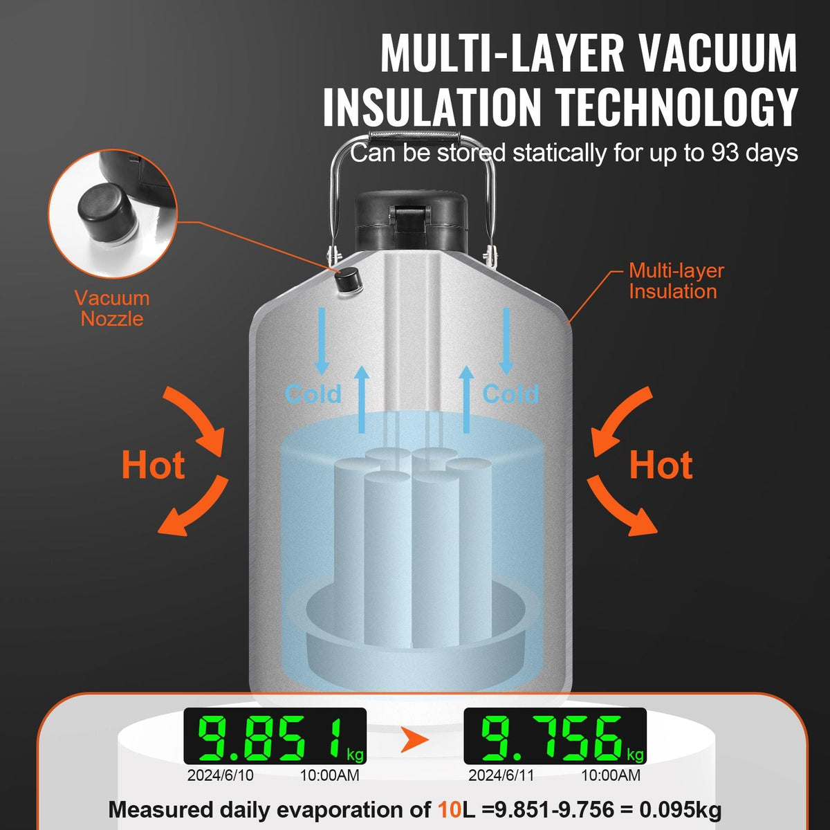 Liquid Nitrogen Tank, 10 L Aluminum Alloy Liquid Nitrogen Container, LN2 Tank Dewar with 6 Canisters and Carry Bag with Straps, Cryogenic Tank for Beauty Industry, Semen Preservation, Scientific