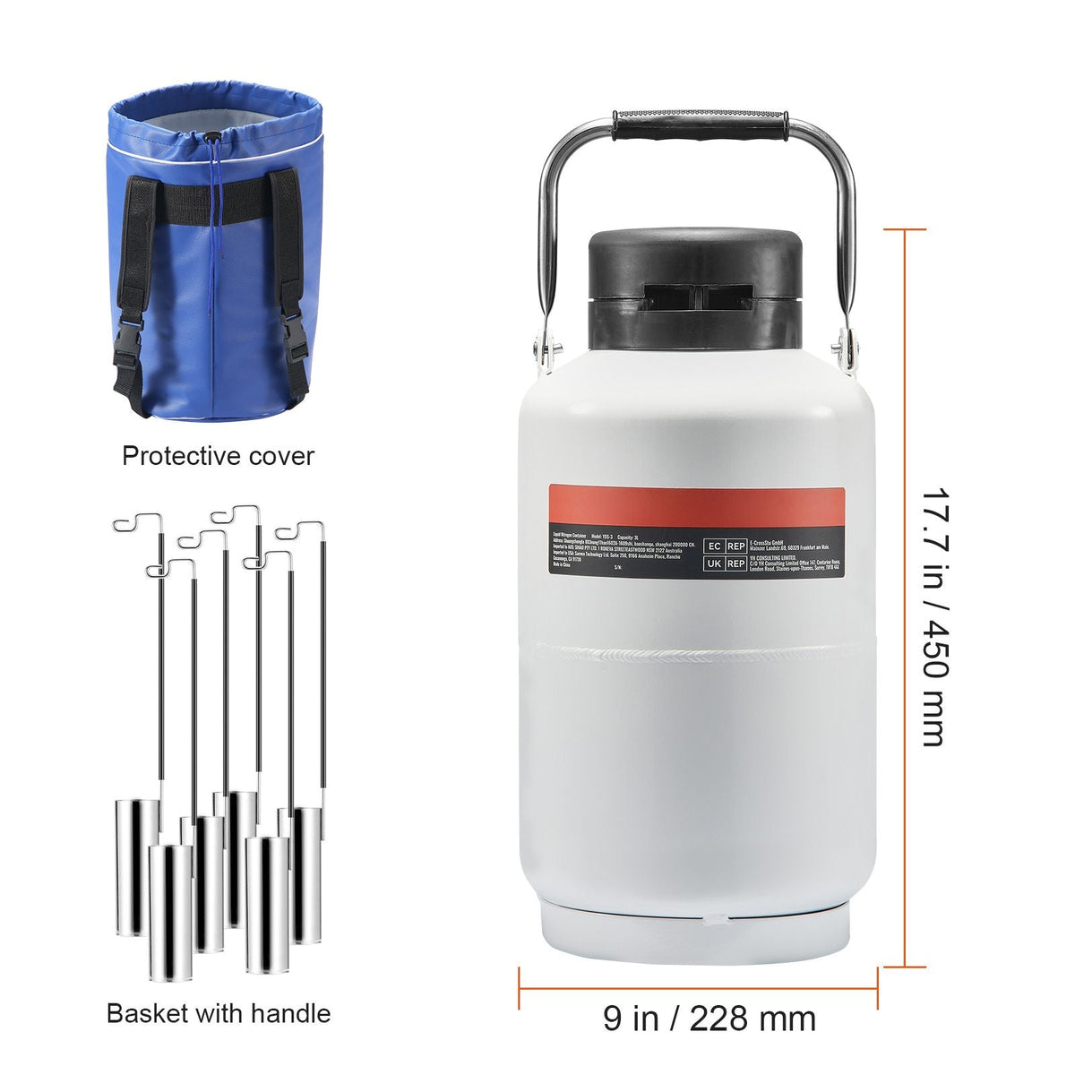 Liquid Nitrogen Tank, 3 L Aluminum Alloy Liquid Nitrogen Container, LN2 Tank Dewar with 6 Canisters and Carry Bag with Straps, Cryogenic Tank for Beauty Industry, Semen Preservation, Scientific
