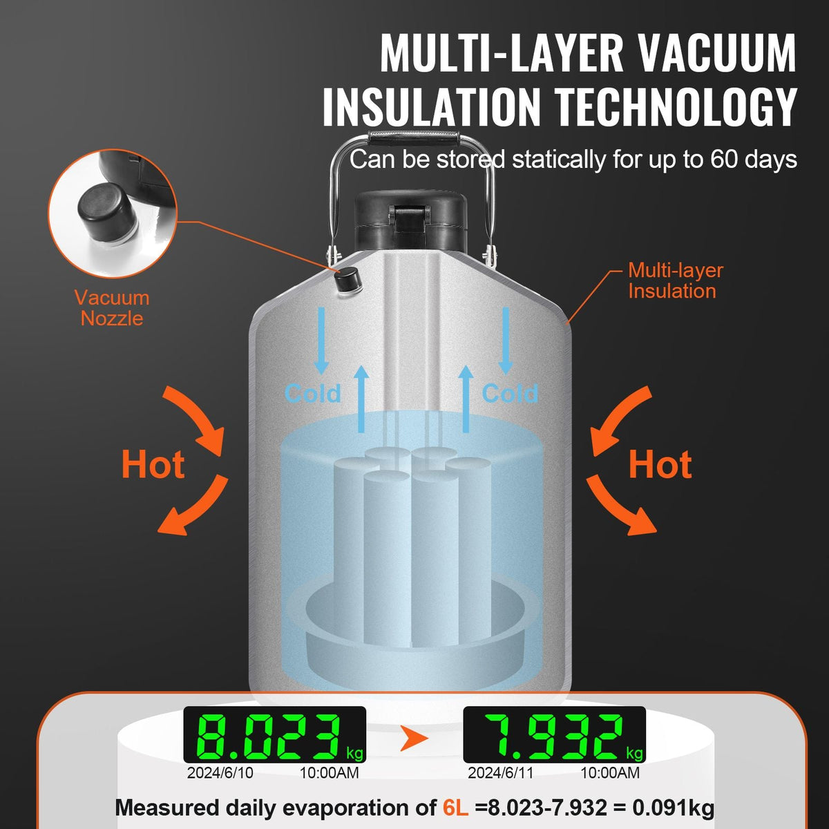 Liquid Nitrogen Tank, 6 L Aluminum Alloy Liquid Nitrogen Container, LN2 Tank Dewar with 6 Canisters and Carry Bag with Straps, Cryogenic Tank for Beauty Industry, Semen Preservation, Scientific