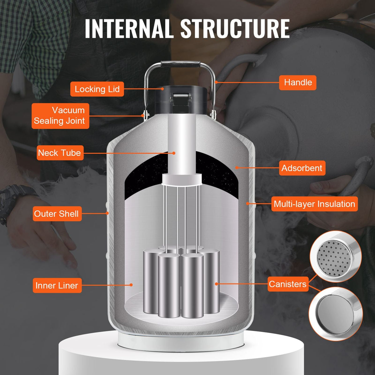 Liquid Nitrogen Tank, 6 L Aluminum Alloy Liquid Nitrogen Container, LN2 Tank Dewar with 6 Canisters and Carry Bag with Straps, Cryogenic Tank for Beauty Industry, Semen Preservation, Scientific