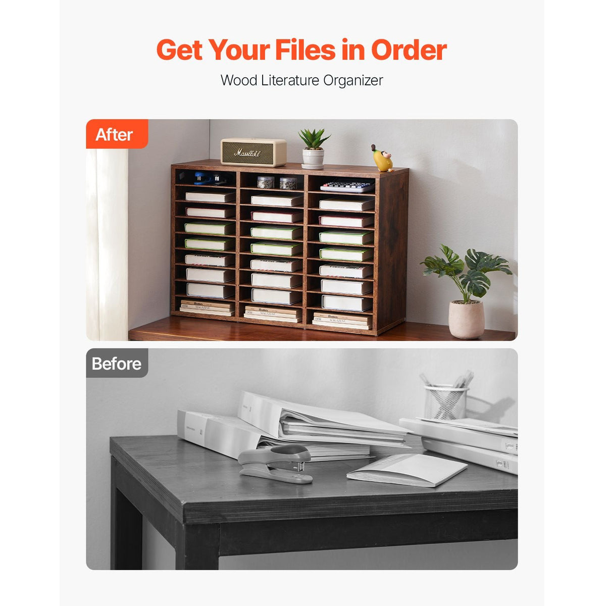 Literature Organizer, 27 Compartments Office Mailbox with Removable Shelves, Wood Mailbox Sorter Particle Board Office Home Classroom Storage, File Sorter for File, Document, Paper, Dark Brown