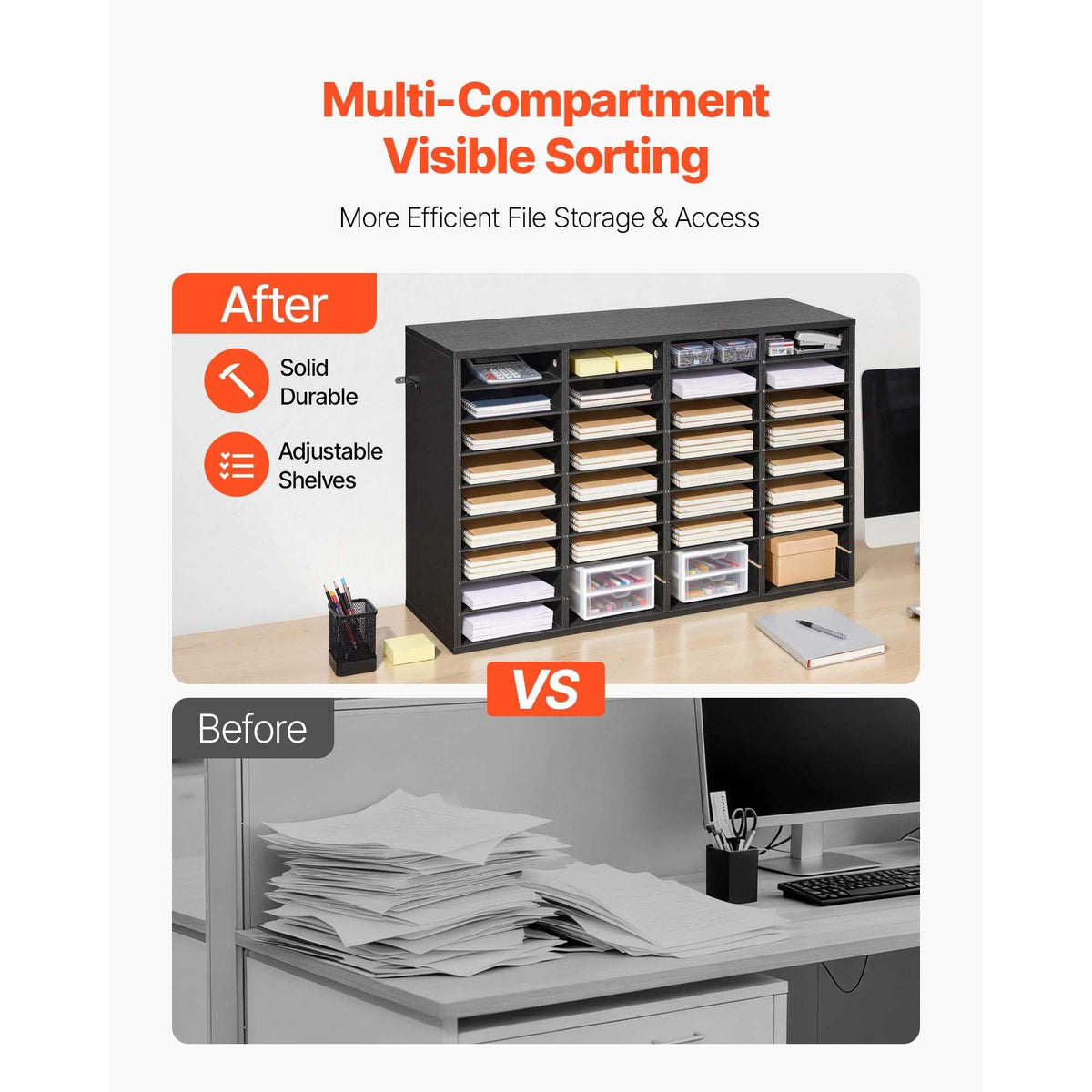Literature Organizer, 36 Compartments Office Mailbox with Detachable Shelves, Wooden Mailbox Sorter with Particle Board, Countertop Office Home Storage Organizer for File, Document, Paper, Black