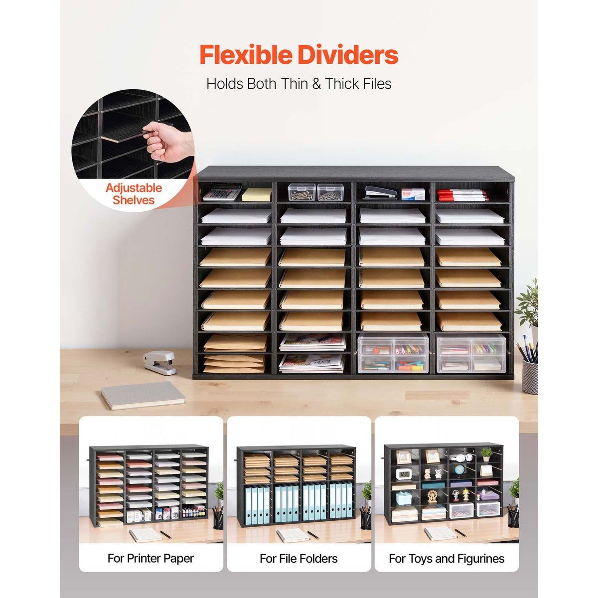 Literature Organizer, 36 Compartments Office Mailbox with Detachable Shelves, Wooden Mailbox Sorter with Particle Board, Countertop Office Home Storage Organizer for File, Document, Paper, Black