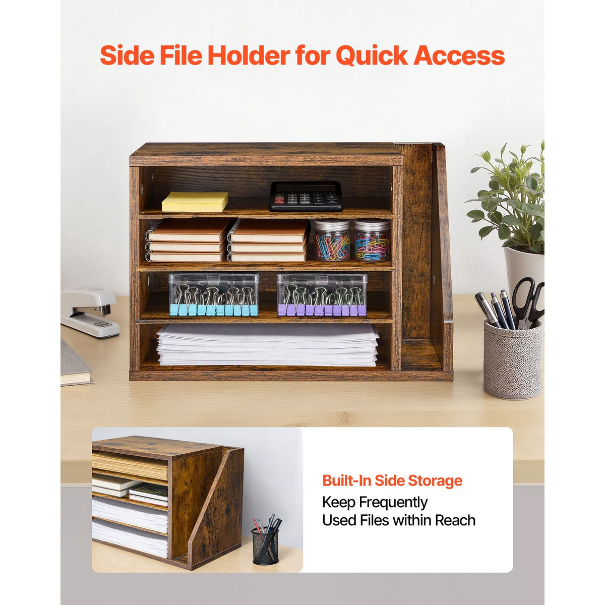 Literature Organizer, 4 Compartments Office Mailbox with Detachable Shelves, Wooden Mailbox Sorter with Side Vertical Storage, Countertop Office Home Organizer for File, Document, Paper, Brown