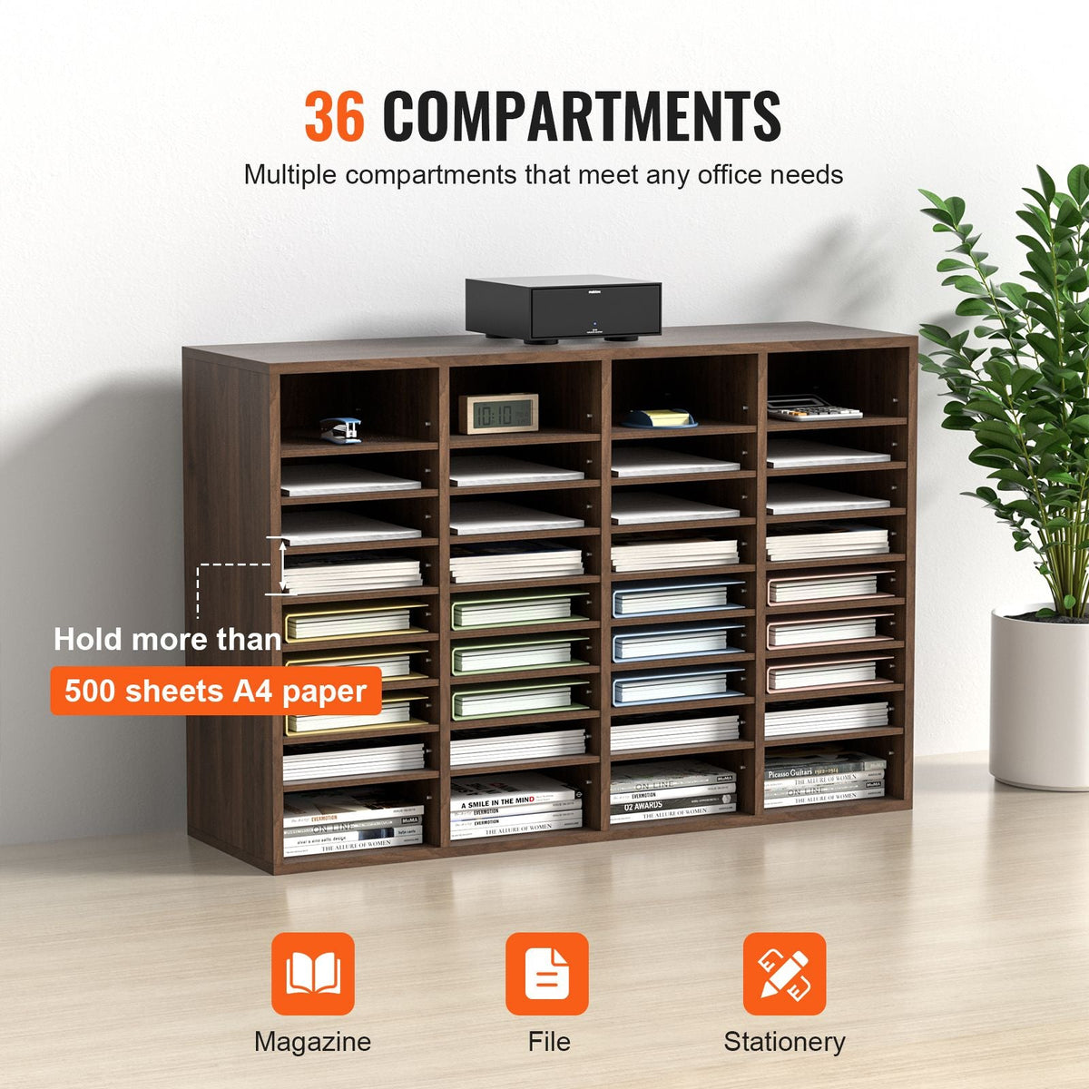 Literature Organizers, 36 Compartments Office Mailbox with Adjustable Shelves, Wood Literature Sorter 39.3x12x26.8 inches for Office, Home, Classroom, Mailrooms Organization, EPA Certified Brown