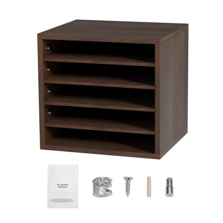 Literature Organizers, 5 Compartments Office Mailbox with Adjustable Shelves, Wood literature sorter 13.9x12x13 inches for Office, Home, Classroom, Mailrooms Organization, EPA Certified, Brown
