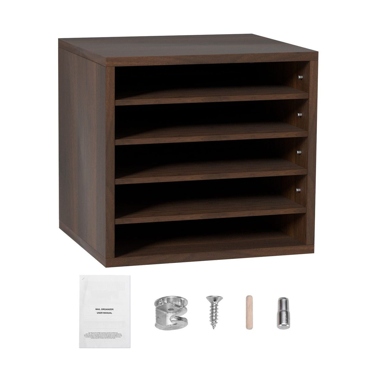 Literature Organizers, 5 Compartments Office Mailbox with Adjustable Shelves, Wood literature sorter 13.9x12x13 inches for Office, Home, Classroom, Mailrooms Organization, EPA Certified, Brown