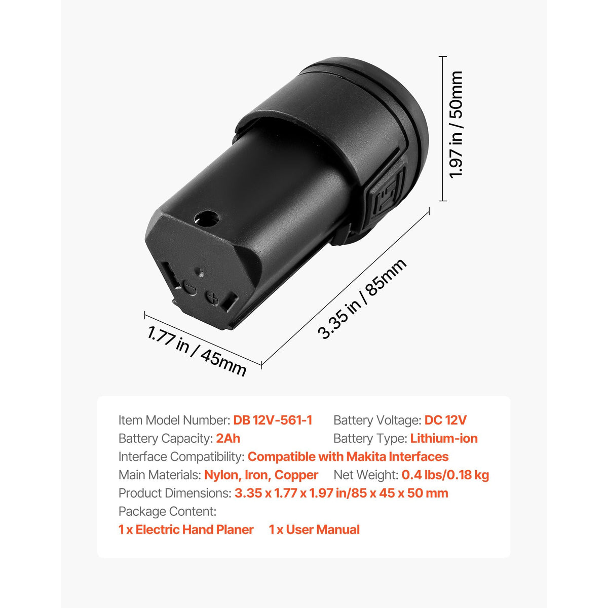 Lithium-Ion Battery, 12V 2Ah, Portable Lithium Battery Pack Replacement, with Universal Adapter, Easy to Carry, Compatible with Makita Interfaces, Cordless Electric Hand Planer, 1-Pack