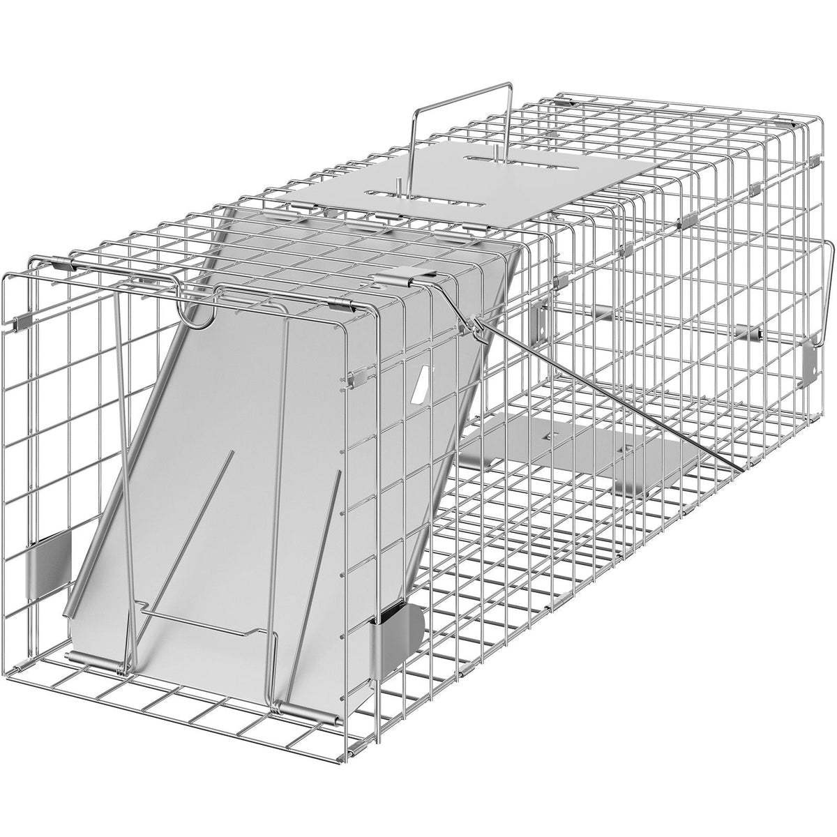 Live Animal Cage Trap, 24" x 8" x 8" Humane Cat Trap Galvanized Iron, Folding Animal Trap with Handle for Rabbits, Stray Cats, Squirrels, Raccoons, Groundhogs and Opossums