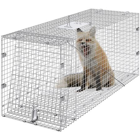 Live Animal Cage Trap, 42" x 16" x 18" Humane Cat Trap Galvanized Iron, Folding Animal Trap with Handle for Stray Dogs, Armadillos, Raccoons, Marmots, Foxes