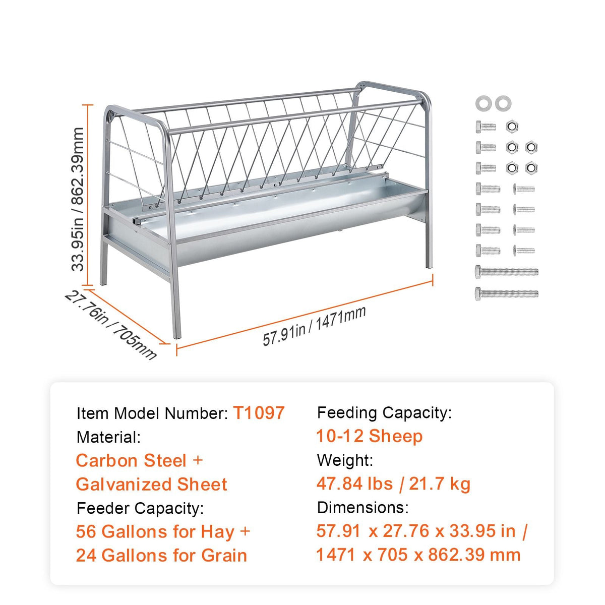 Livestock Hay Feeder, 2 in 1 Grain & Hay Feeder, 80-Gallon Capacity Pasture Feeder, 59" Long Goat Hay Feeder with Deeper Feeding Pan, Heavy Duty Steel Grain & Hay Holder for Sheep Farms Sheds