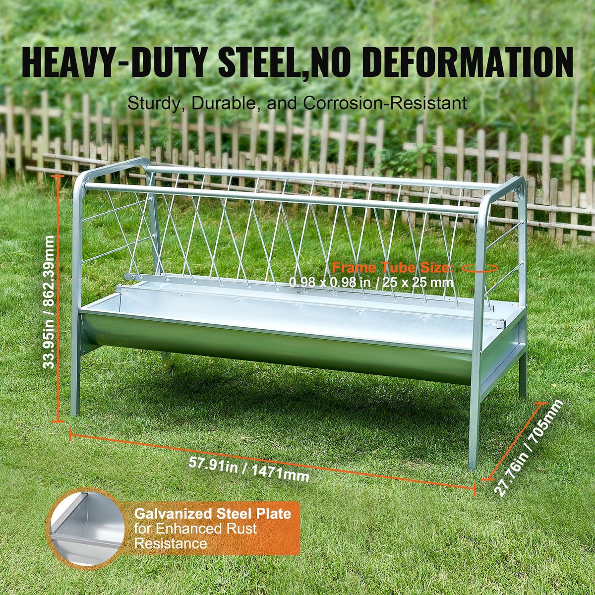 Livestock Hay Feeder, 2 in 1 Grain & Hay Feeder, 80-Gallon Capacity Pasture Feeder, 59" Long Goat Hay Feeder with Deeper Feeding Pan, Heavy Duty Steel Grain & Hay Holder for Sheep Farms Sheds