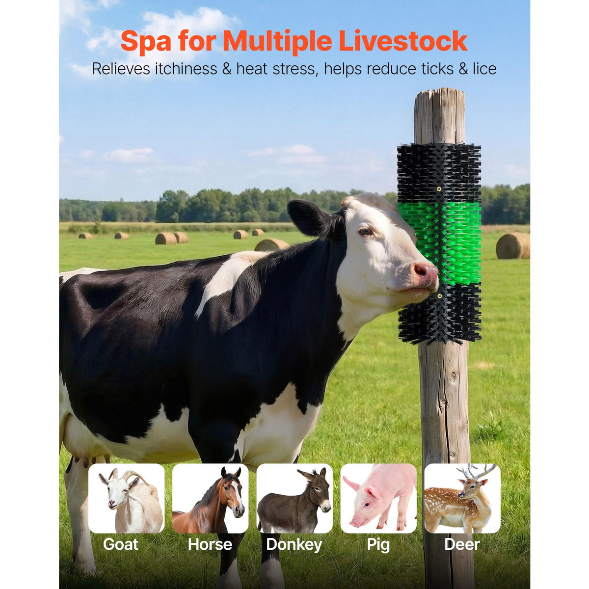 Livestock Scratching Brush, 1PC Goat Scratcher Brush Post with 4 Screws, 16.9" x 7.5" Cow Scratcher for Back Itch Relief, Massage Grooming Scratch Tool for Horse Cattle Sheep Pig, Green & Black