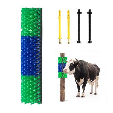 Livestock Scratching Brush, 1PC Goat Scratcher Brush Post with 4 Screws, 16.9" x 7.5" Cow Scratcher for Back Itch Relief, Massage Grooming Scratch Tool for Horse Cattle Sheep Pig, Green & Blue