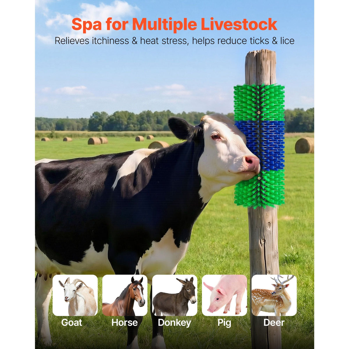 Livestock Scratching Brush, 1PC Goat Scratcher Brush Post with 4 Screws, 16.9" x 7.5" Cow Scratcher for Back Itch Relief, Massage Grooming Scratch Tool for Horse Cattle Sheep Pig, Green & Blue