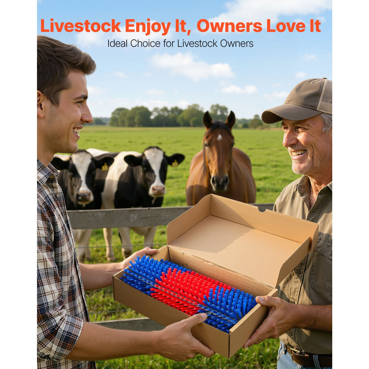 Livestock Scratching Brush, 2PCS Goat Scratcher Brush Post with 8 Screws, 16.9" x 7.5" Cow Scratcher for Back Itch Relief, Massage Grooming Scratch Tool for Horse Cattle Sheep Pig, Blue & Red