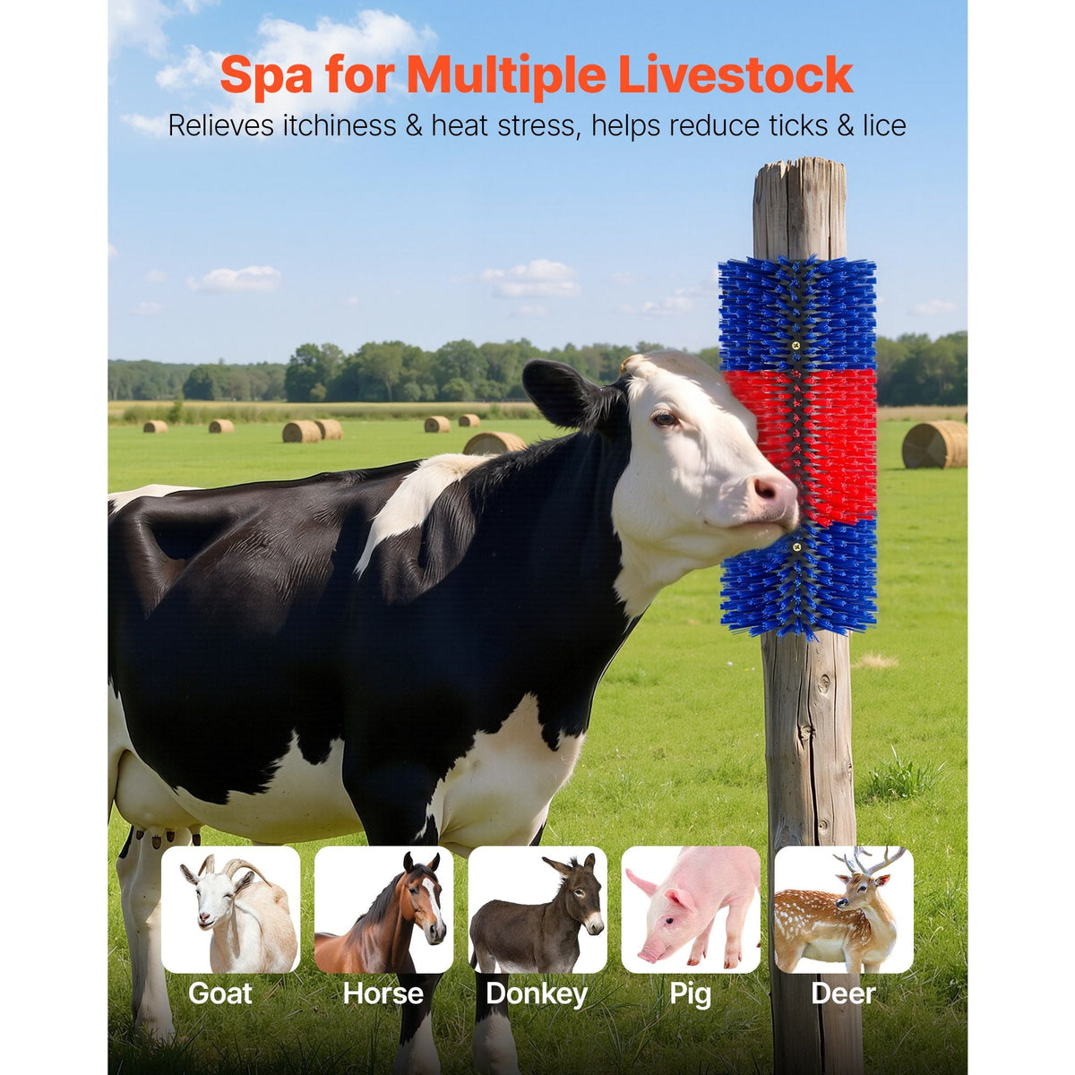 Livestock Scratching Brush, 2PCS Goat Scratcher Brush Post with 8 Screws, 16.9" x 7.5" Cow Scratcher for Back Itch Relief, Massage Grooming Scratch Tool for Horse Cattle Sheep Pig, Blue & Red