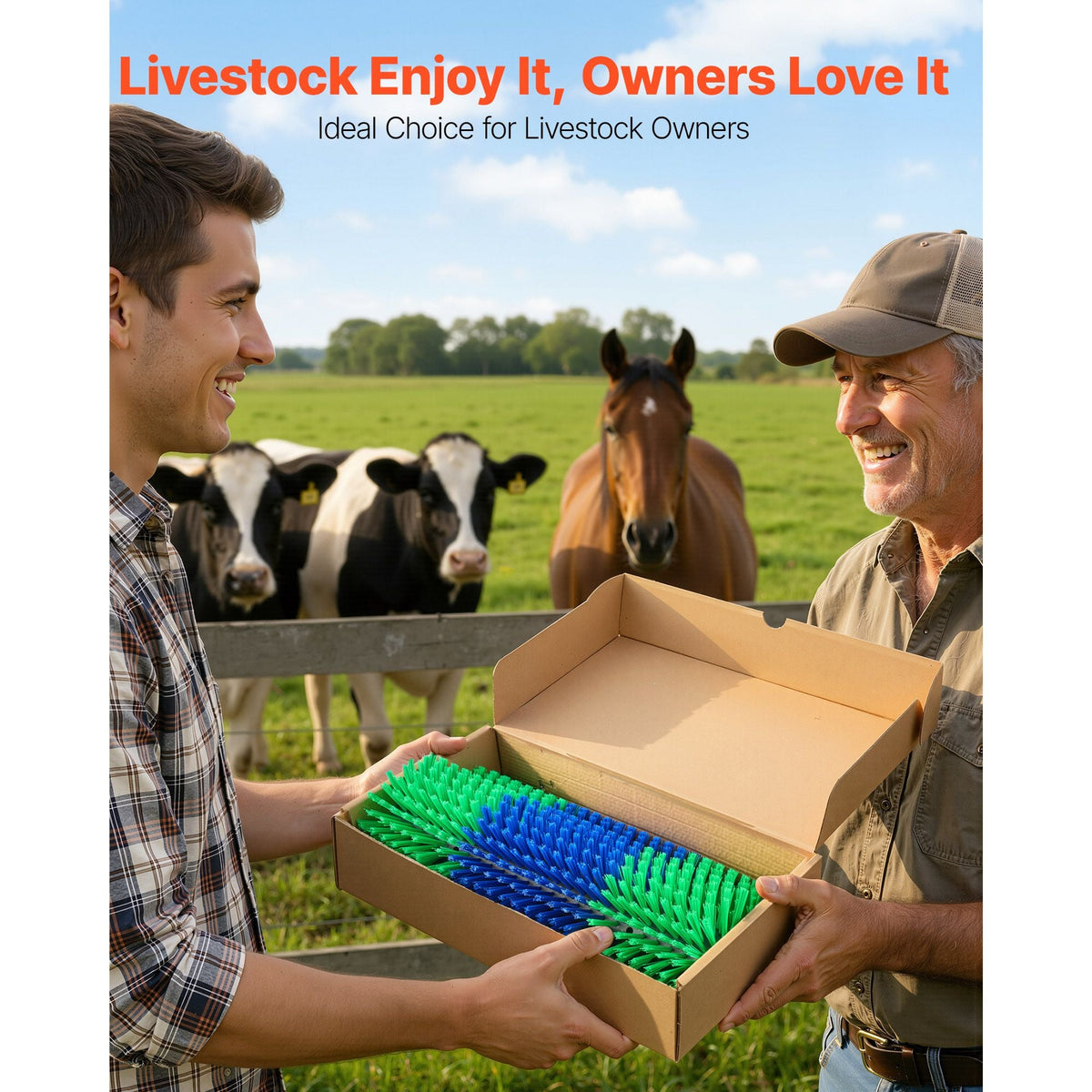 Livestock Scratching Brush, 2PCS Goat Scratcher Brush Post with 8 Screws, 16.9" x 7.5" Cow Scratcher for Back Itch Relief, Massage Grooming Scratch Tool for Horse Cattle Sheep Pig, Green & Blue