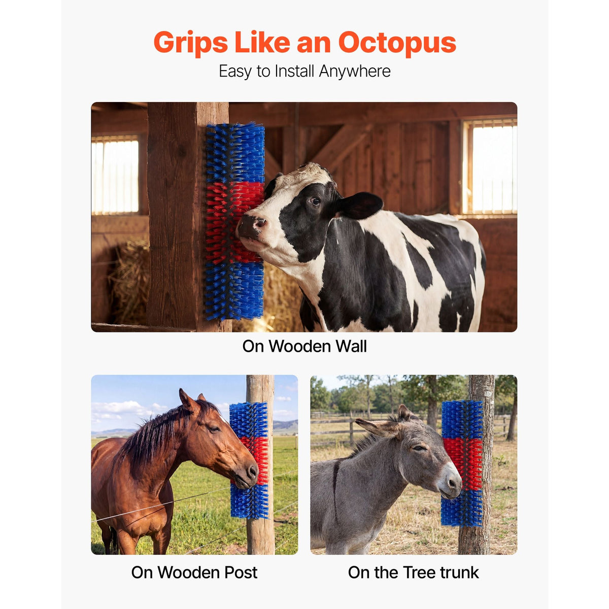 Livestock Scratching Brush, 3PCS Goat Scratcher Brush Post with 12 Screws, 16.9" x 7.5" Cow Scratcher for Back Itch Relief, Massage Grooming Scratch Tool for Horse Cattle Sheep Pig, Blue & Red