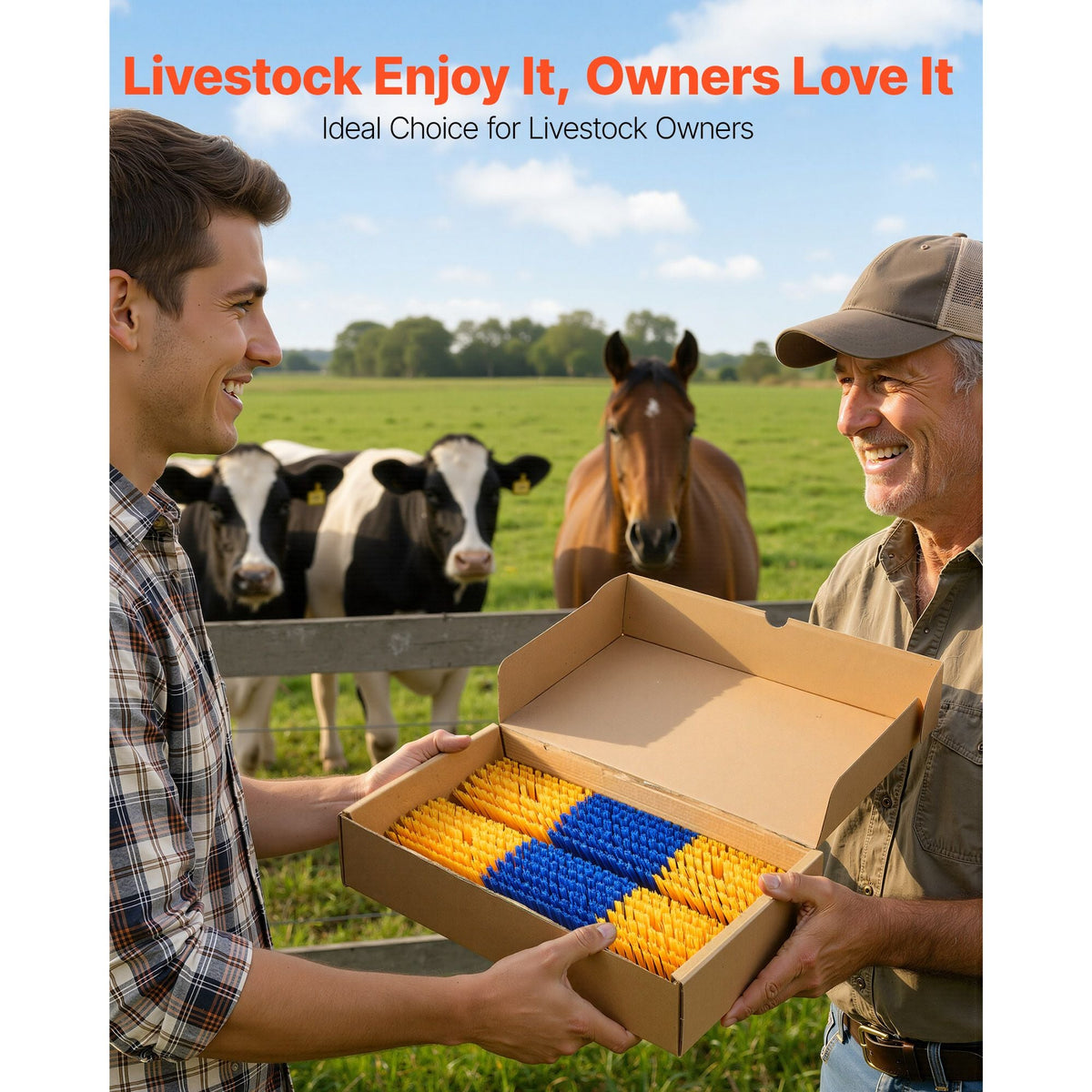 Livestock Scratching Brush, 4PCS Goat Scratcher Brush Post with 16 Screws, 16.9"x3.9" Cow Scratcher for Back Itch Relief, Massage Grooming Scratch Tool for Horse Cattle Sheep Pig, Yellow & Blue