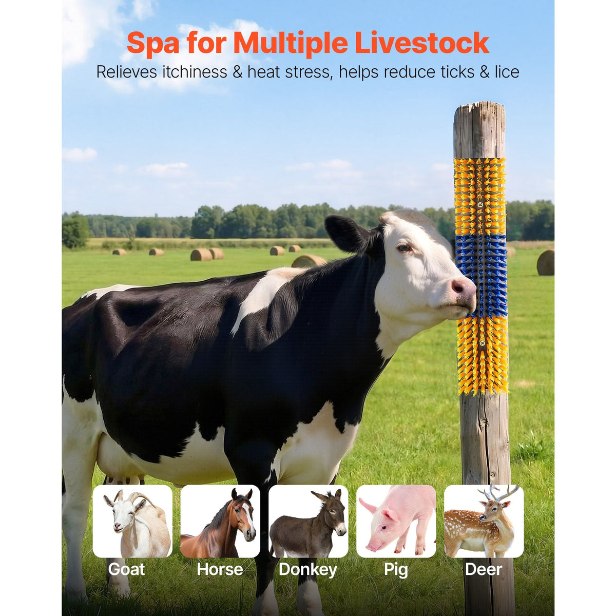 Livestock Scratching Brush, 4PCS Goat Scratcher Brush Post with 16 Screws, 16.9"x3.9" Cow Scratcher for Back Itch Relief, Massage Grooming Scratch Tool for Horse Cattle Sheep Pig, Yellow & Blue