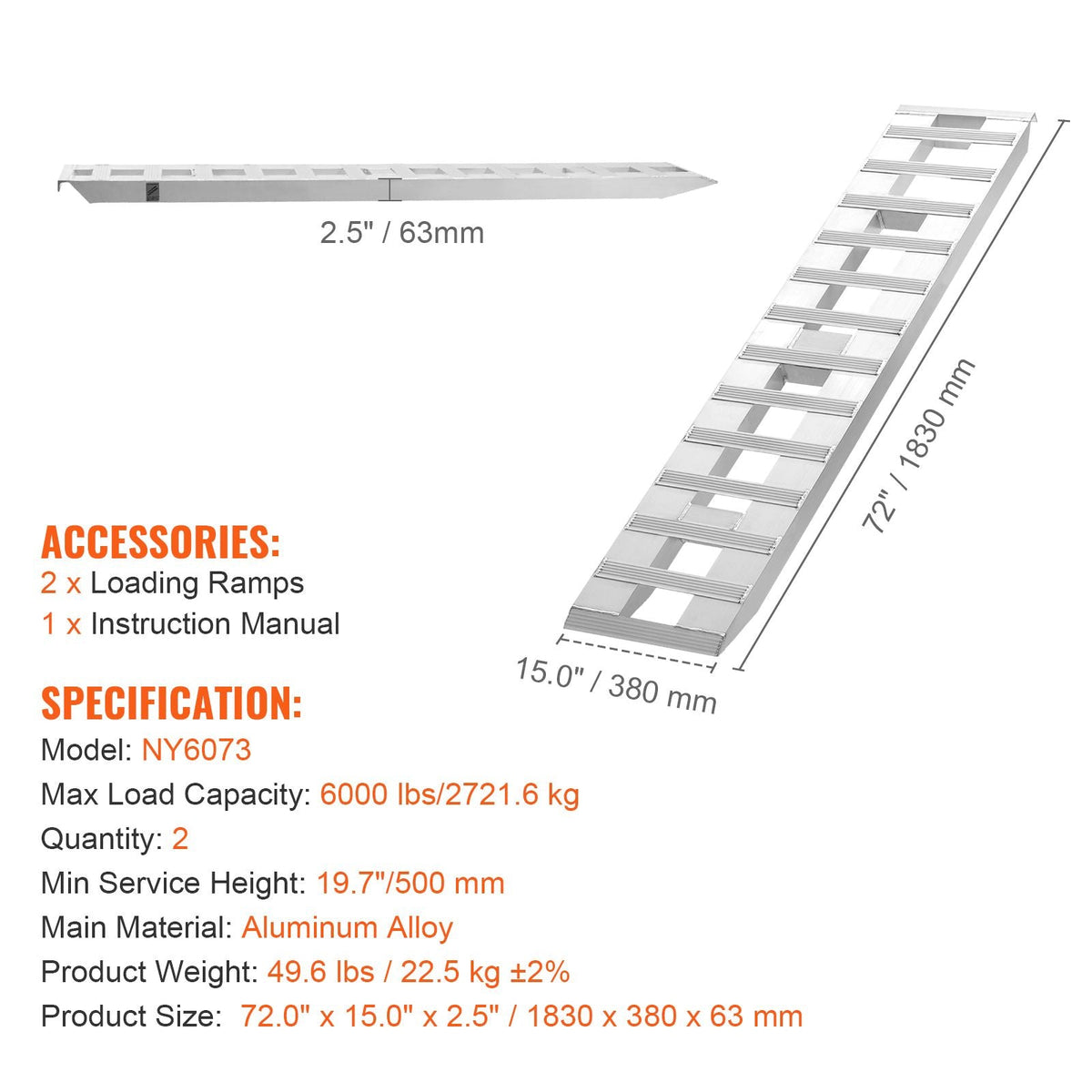 Loading Ramps, 2 Pcs 72 x 15 in, Durable Aluminum and Heavy-Duty Trailer Ramp Set with Anti-Slip Plates, 6000 Lbs Combined Capacity, for Carts, Farm Tractors, ATVs, Lawn Mowers, Motorcycles