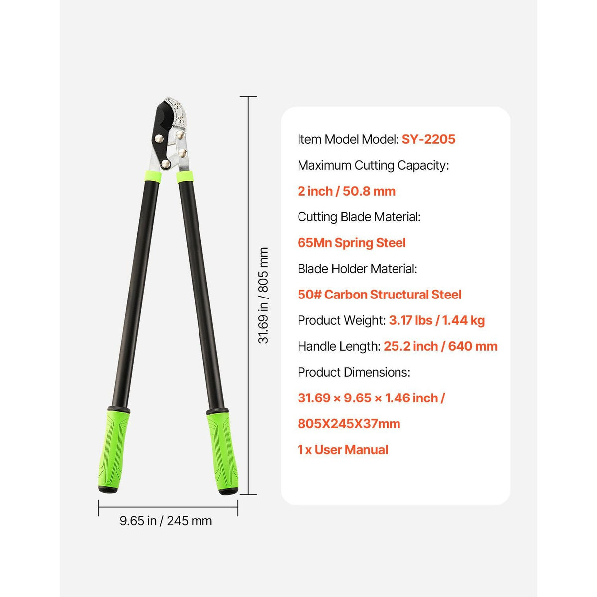 Loppers for Tree Trimming, 32 inch Garden Anvil Trimmer with Compound Action, Sharp Steel Blade, Heavy Duty Tree Branch Cutter Up to 2 inch Dia Cut Capacity, Ergonomically Designed Handles