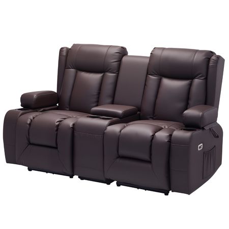 Loveseat Recliner Sofa, Power Reclining Couch with Heating & Massage and Timer, PU Leather Electric Recliner Sofa with Center Console, USB Ports, Cup Holders and Side Bags for Living Room