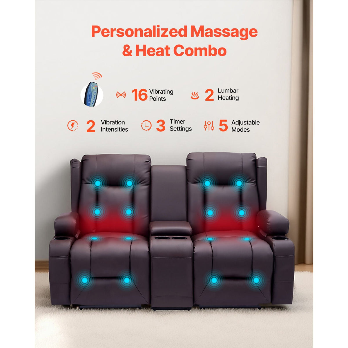 Loveseat Recliner Sofa, Power Reclining Couch with Heating & Massage and Timer, PU Leather Electric Recliner Sofa with Center Console, USB Ports, Cup Holders and Side Bags for Living Room