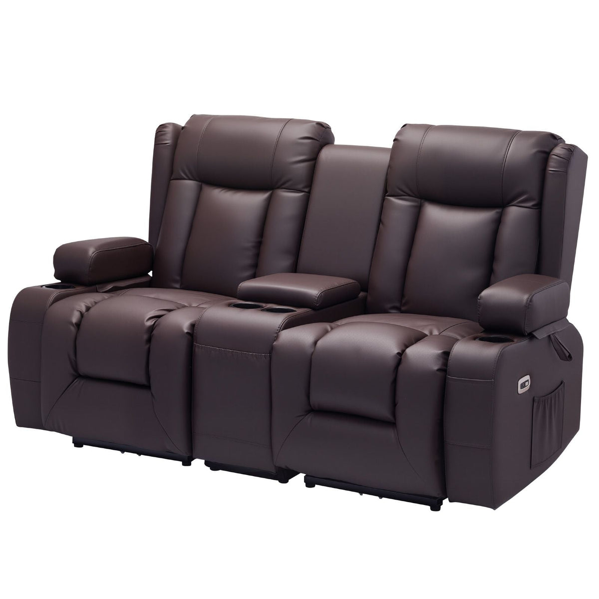 Loveseat Recliner Sofa, Power Reclining Couch with Heating & Massage and Timer, PU Leather Electric Recliner Sofa with Center Console, USB Ports, Cup Holders and Side Bags for Living Room