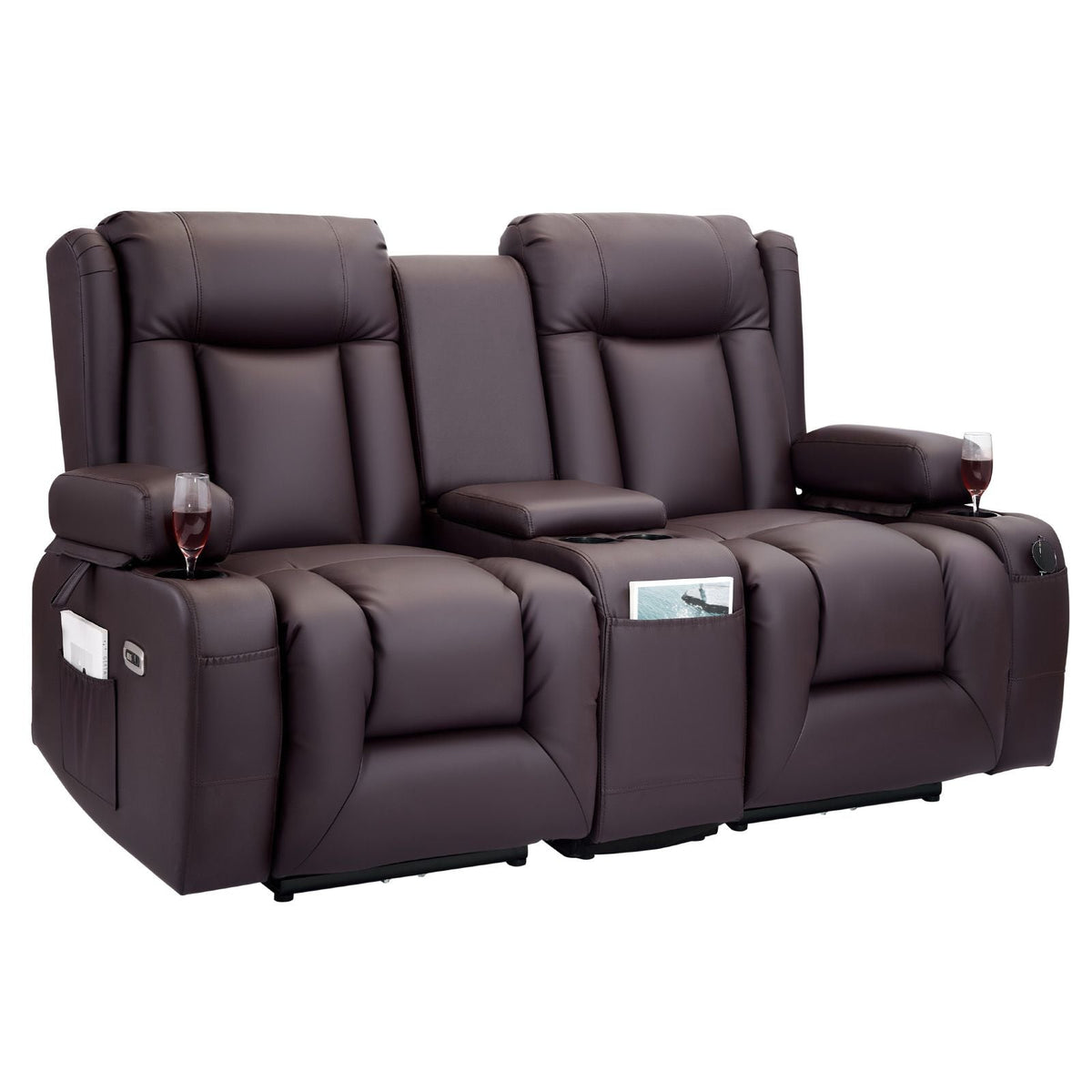 Loveseat Recliner Sofa, Power Reclining Couch with Heating & Massage and Timer, PU Leather Electric Recliner Sofa with Center Console, USB Ports, Cup Holders and Side Bags for Living Room
