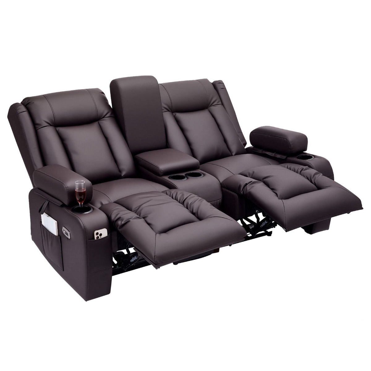 Loveseat Recliner Sofa, Power Reclining Couch with Heating & Massage and Timer, PU Leather Electric Recliner Sofa with Center Console, USB Ports, Cup Holders and Side Bags for Living Room