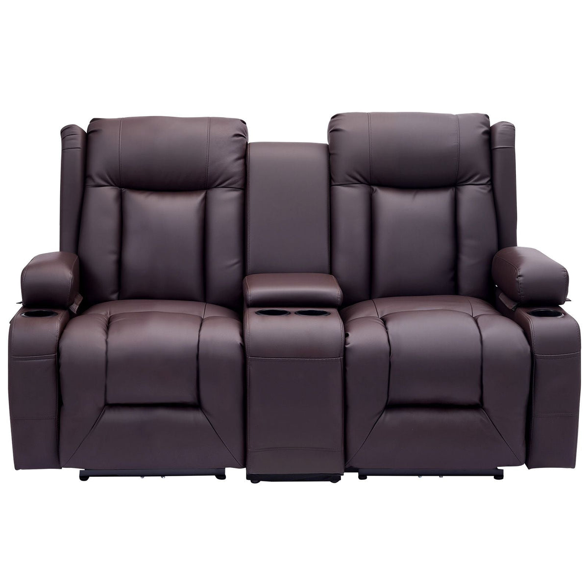 Loveseat Recliner Sofa, Power Reclining Couch with Heating & Massage and Timer, PU Leather Electric Recliner Sofa with Center Console, USB Ports, Cup Holders and Side Bags for Living Room