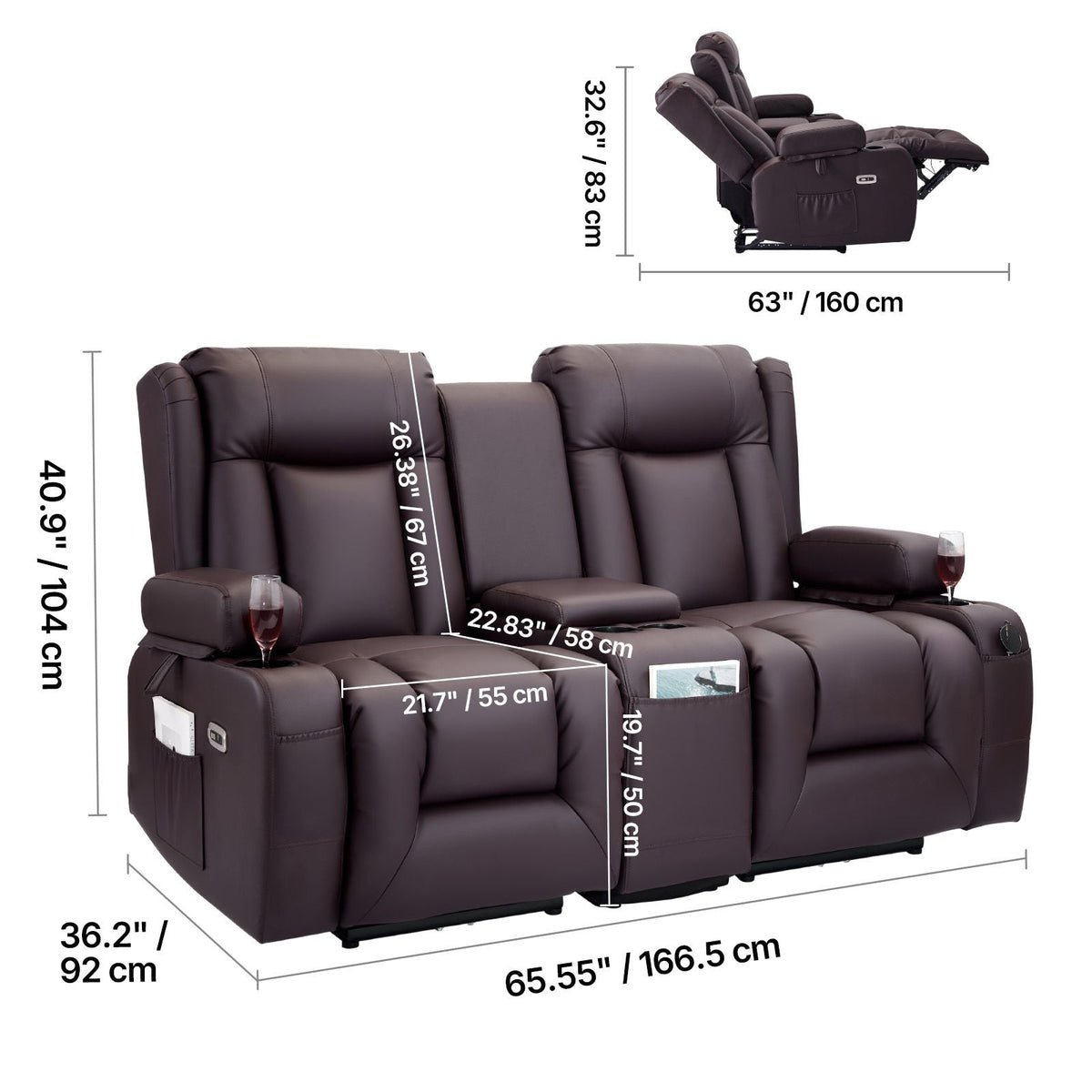 Loveseat Recliner Sofa, Power Reclining Couch with Heating & Massage and Timer, PU Leather Electric Recliner Sofa with Center Console, USB Ports, Cup Holders and Side Bags for Living Room